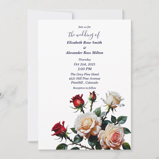 Bright Red and pink white roses floral wedding Einladung (Vorderseite)
