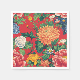 Bright Red Chinoiserie Floral Serviette