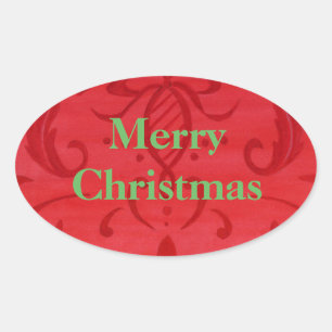 Bright Red Damask Frohe Weihnachtskleber Ovaler Aufkleber