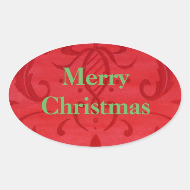 Bright Red Damask Frohe Weihnachtskleber Ovaler Aufkleber (Vorderseite)