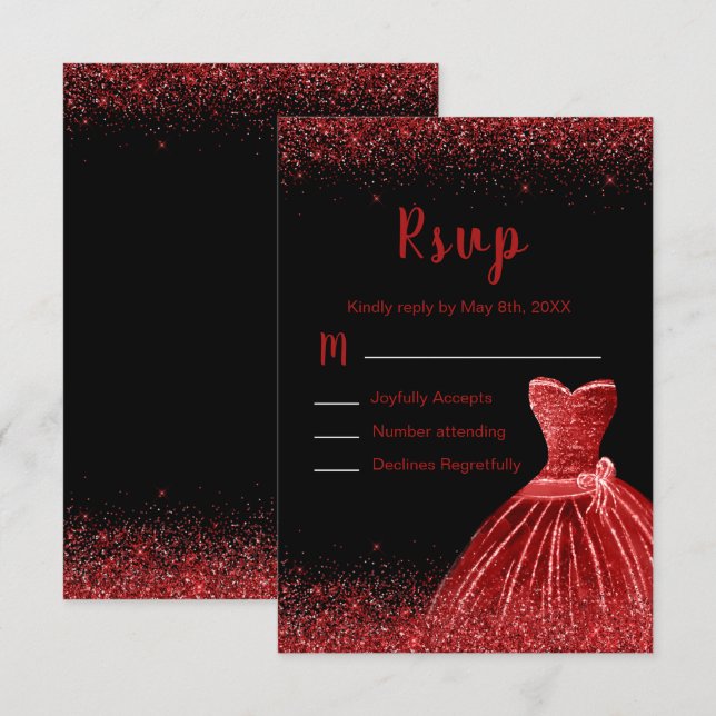 Bright Red Dress Faux Glitter Quinceanera RSVP Karte (Vorne/Hinten)