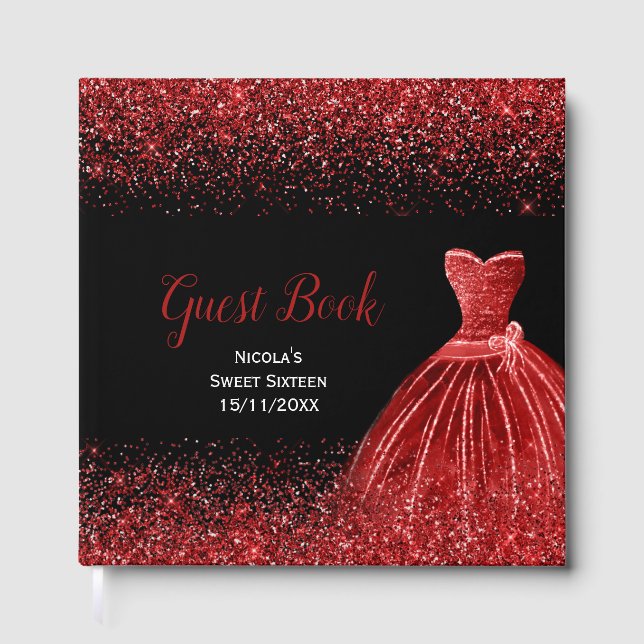Bright Red Dress Faux Glitter Sweet 16  Gästebuch (Vorderseite)