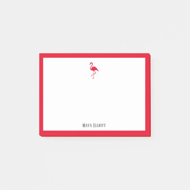 Bright Red Flamingo und Border on White mit Name Post-it Klebezettel (Vorderseite)