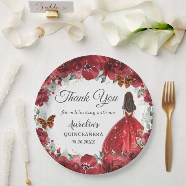 Bright Red Floral Peony Butterfells Goldprinzessin Pappteller (Hochzeit)