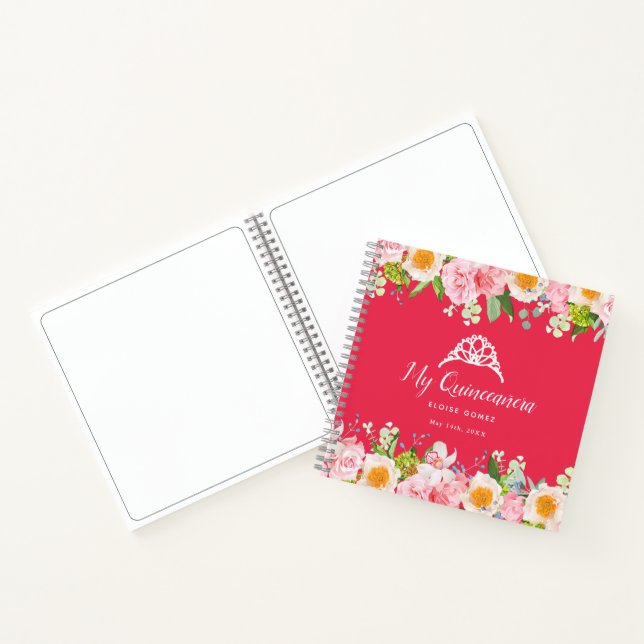 Bright Red Floral Quinceanera Gästebuch Notizbuch (Innenseite)