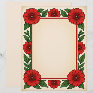 Bright Red Flowers & Frame Stationery Paper Briefbogen