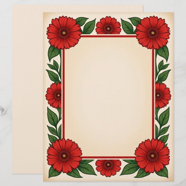 Bright Red Flowers & Frame Stationery Paper Briefbogen (Vorne/Hinten)