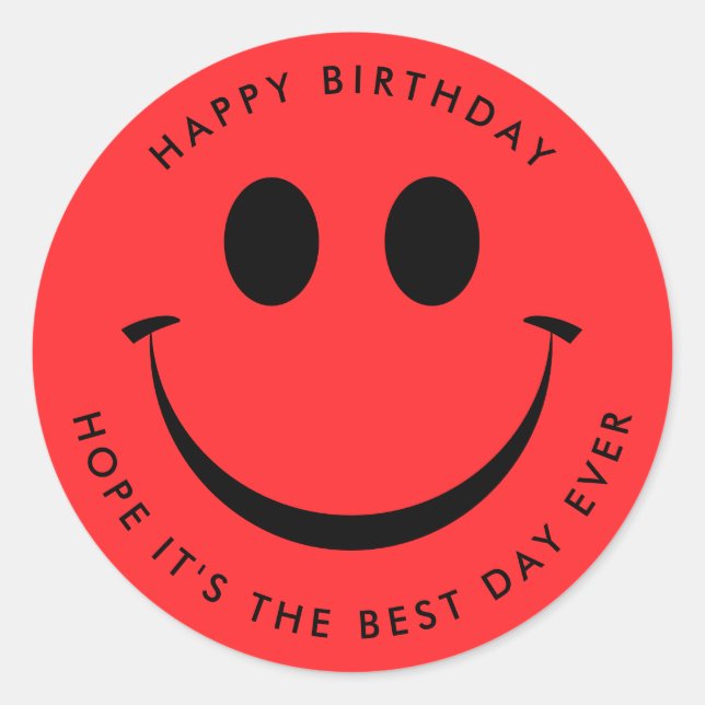 Bright Red Happy Face Birthday Runder Aufkleber (Vorderseite)