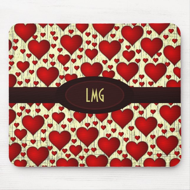 Bright Red Hearts Pattern with Burgundy Nameplate Mousepad (Vorne)