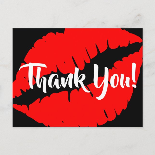 Bright Red Lipstick Big Kiss Black Danke Postkarte (Vorderseite)