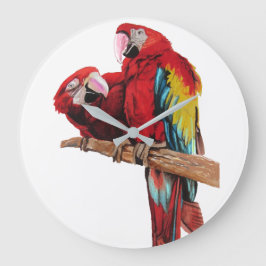Bright Red Macaw Parrots Wasserfarbenprägung Seepr Große Wanduhr