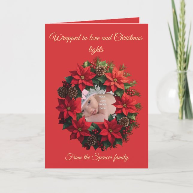 Bright Red Poinsettia and Greenery Circle Karte (Vorderseite)