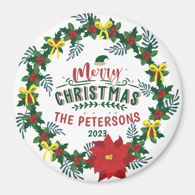 Bright Red Poinsettia Weihnachtskranz Magnet (Vorne)