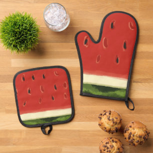 Bright Red Watercolor Wassermelone Ofenhandschuh & Topflappen-Set