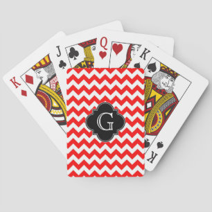 Bright Red White Chevron Black Quatrefoil Monogram Spielkarten