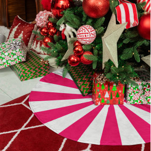 Bright rosa und weiße Sternexplosion Streifen Leinenimitat Weihnachtsbaumdecke