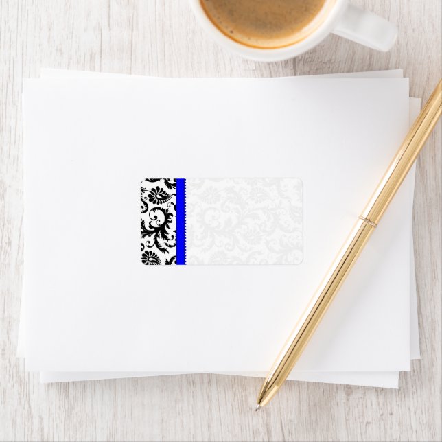 Bright Royal Blue & Black Damask Dots Shipping Adressaufkleber (Insitu)