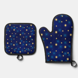 BRIGHT ROYAL BLUE MIT GOLD STARS OFENHANDSCHUH & Topflappen-Set