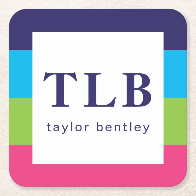 Bright Rugby Stripes Mit Monogramm Paper Untersetz Rechteckiger Pappuntersetzer (Vorderseite)