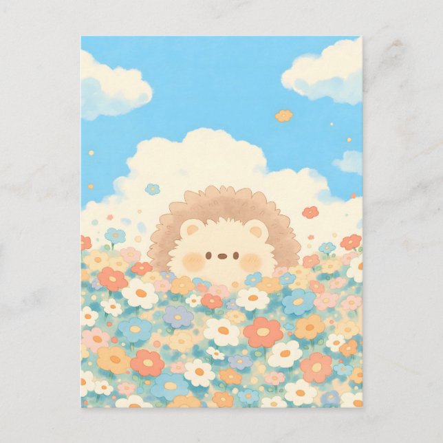 Bright Sky Blue Kawaii Hedgehog Meadow Postkarte (Vorderseite)
