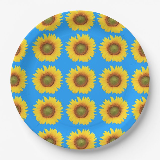 Bright Sunflowers Blue Pattern Pappteller (Vorderseite)
