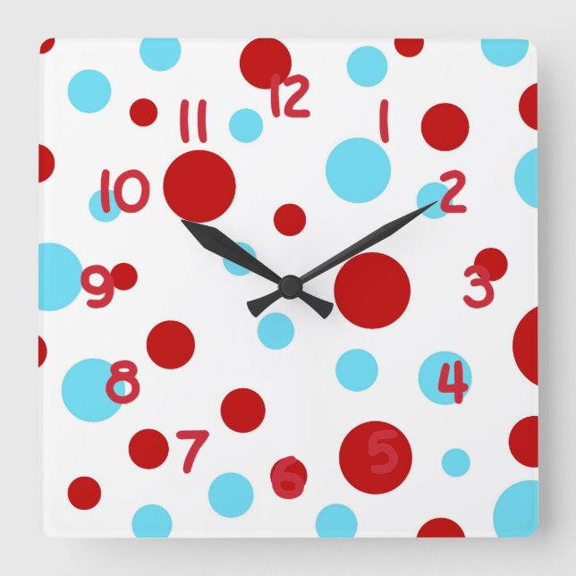 Bright Teal Turquoise Red White Polka Dots Pattern Quadratische Wanduhr (Vorderseite)