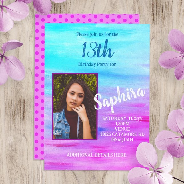 Bright Turquoise Hot rose Invitation Anniversaire (hot pink magenta, turquoise young woman, teen birthday party invite, 13th birthday, photo card)