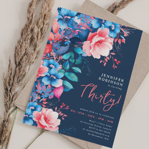 Bright Watercolor Floral 30. Geburtstag Navy Blau Einladung