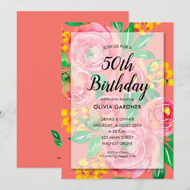 Bright Watercolor Floral Invitations d'anniversair (Devant / Derrière)