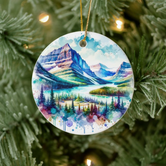 Bright Watercolor Glacier National Park Keramik Ornament (Baum)