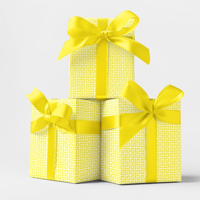 Bright Yellow and White Greek Key Pattern Geschenkpapier (Bright Yellow and White Greek Key Pattern Wrapping Paper Roll)