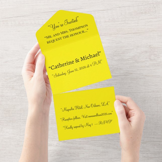 Bright Yellow Background – Minimal Wedding Art All In One Einladung (Abreißtisch)