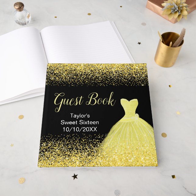 Bright Yellow Dress Faux Glitter Sweet 16 Birthday Gästebuch (Vorderseite offen)
