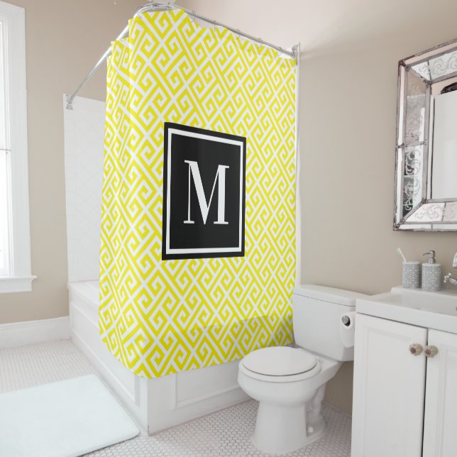 Bright Yellow Greek Key Black White Monogram Duschvorhang (Beispiel)