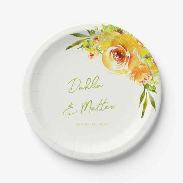 Bright Yellow Green Vibrant Summer Floral Wedding Pappteller (Vorderseite)