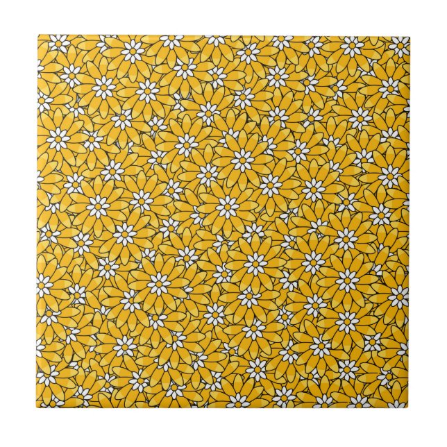 Bright Yellow Overlapping Floral Pattern Fliese (Vorderseite)