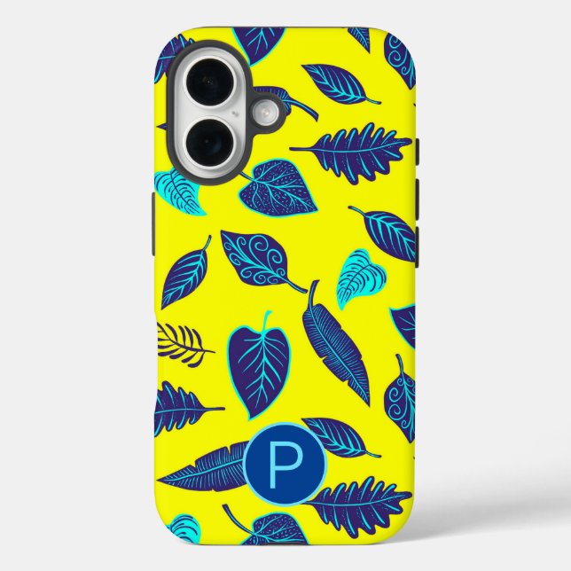 Bright Yellow Tropical Leaf Pattern Monogram iPhone 16 Hülle (Rückseite)