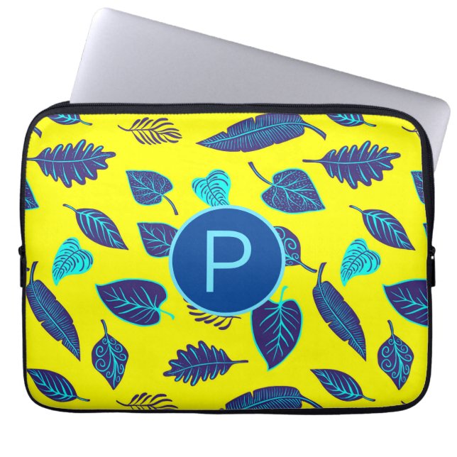 Bright Yellow Tropical Leaf Pattern Monogram Laptopschutzhülle (Vorderseite)