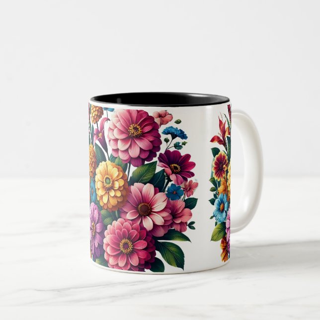 Bright Zinnias & Cosmos Blumengarten Zweifarbige Tasse (VorderseiteRechts)