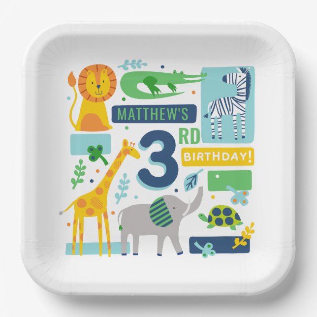 Bright Zoo Jungle Animals Birthday PARTY PLATE 9" Pappteller (Vorderseite)