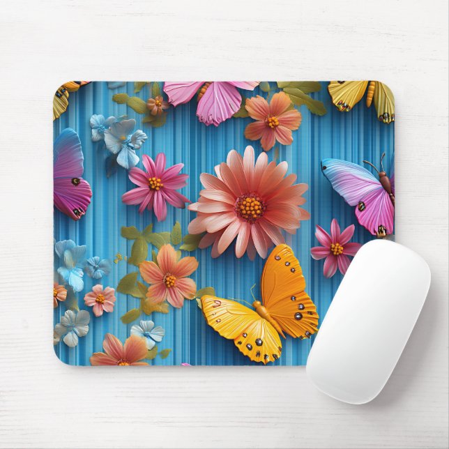 BRIGHTLY COLORED FLOWERS AND BUTTERFLIES MOUSEPAD (Mit Mouse)