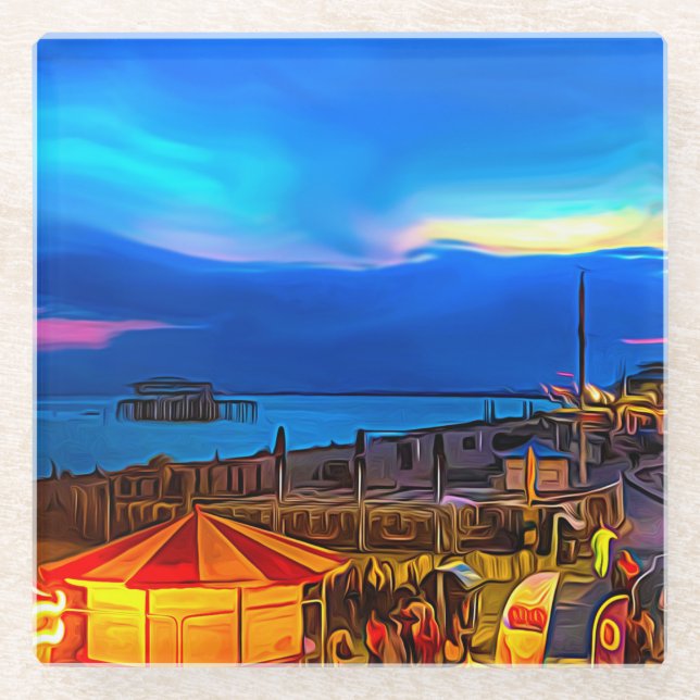 Brighton and Hove Beach & Sunset Digital Painting Glasuntersetzer (Vorderseite)