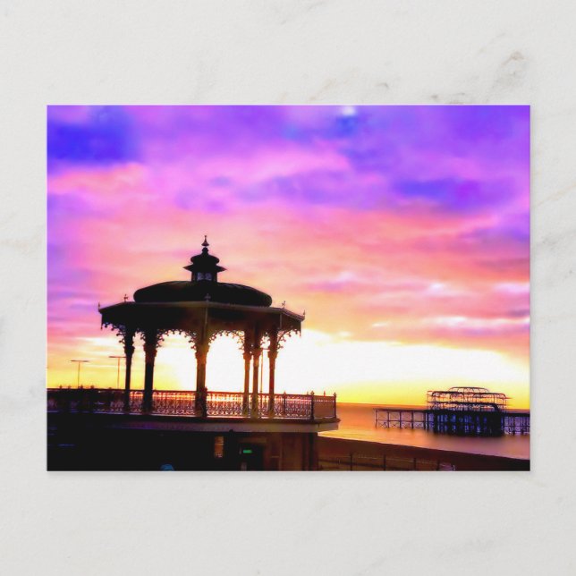 Brighton Bandstand und West Pier mit Sonnenunterga Postkarte (Vorderseite)