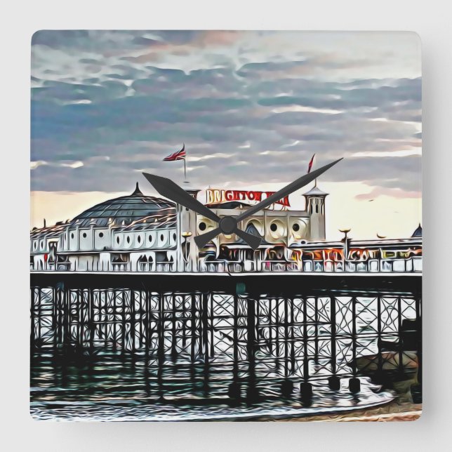 Brighton Pier & Cloudy Sky Digitales Gemälde Quadratische Wanduhr (Vorderseite)