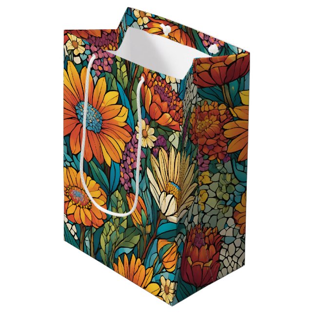 Brillante Farbmosaike-Blume Mittlere Geschenktüte (Vorderseite Schrägansicht)