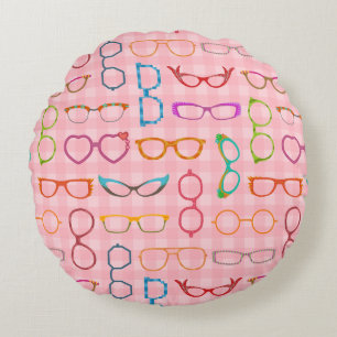 Brillen-Retro moderner Hipster mit rosa Gingham Rundes Kissen