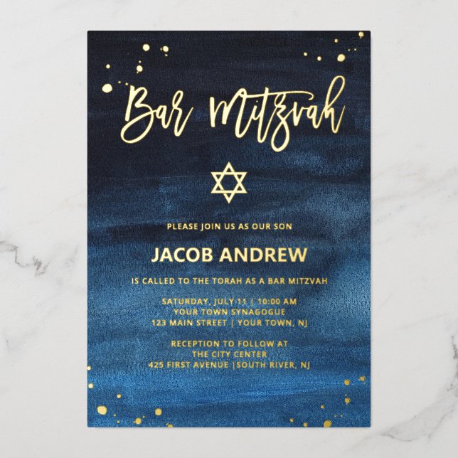 Brilliant Blau und Gold Bar Mitzvah Folieneinladung (Vorderseite)