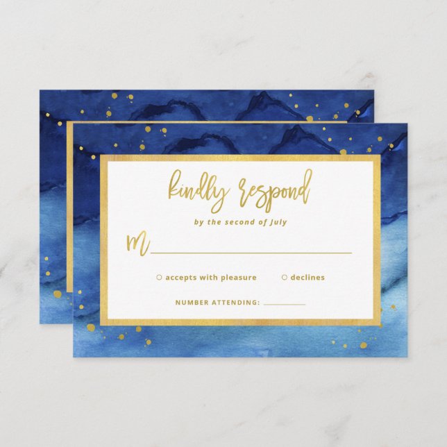 Brilliant Blau und Gold Bar Mitzvah oder Bat Mitzv RSVP Karte (Vorne/Hinten)