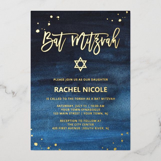 Brilliant Blau und Gold Bat Mitzvah Folieneinladung (Vorderseite)