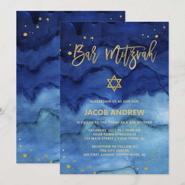 Brilliant Blau und Imitats Gold Bar Mitzvah Einladung (Vorne/Hinten)